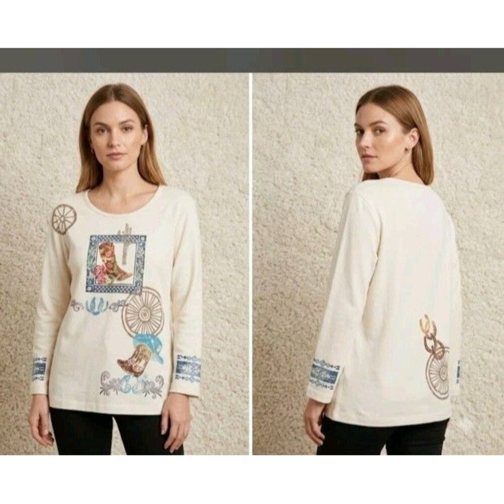 Jess & Jane Shirt Size L Cowgirl Boots Floral Frame Rhinestone Studs V Neck...